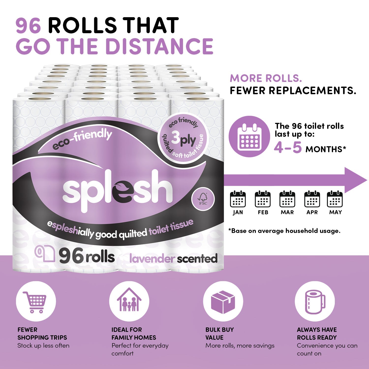 Splesh Toilet Roll, Soft & Quilted Eco-Friendly Lavender, 96 Rolls