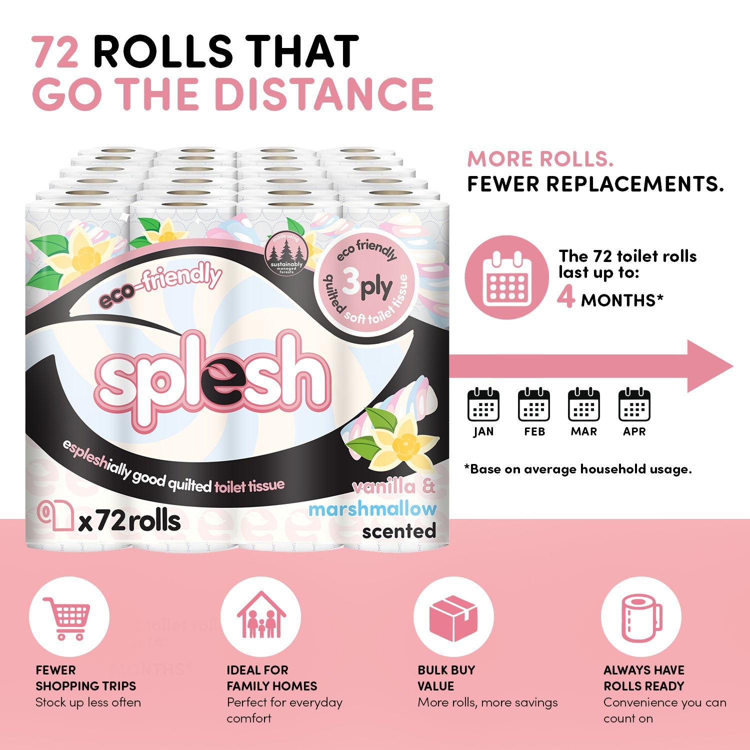 Splesh Quilted Toilet Roll Luxury Vanilla & Marshmallow 3-Ply Soft Toilet Paper, 72 Rolls