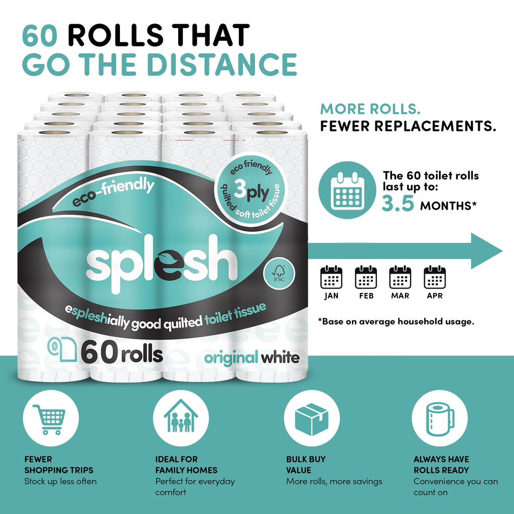 Splesh Toilet Roll, Soft & Quilted Eco-Friendly, White, 60 Rolls