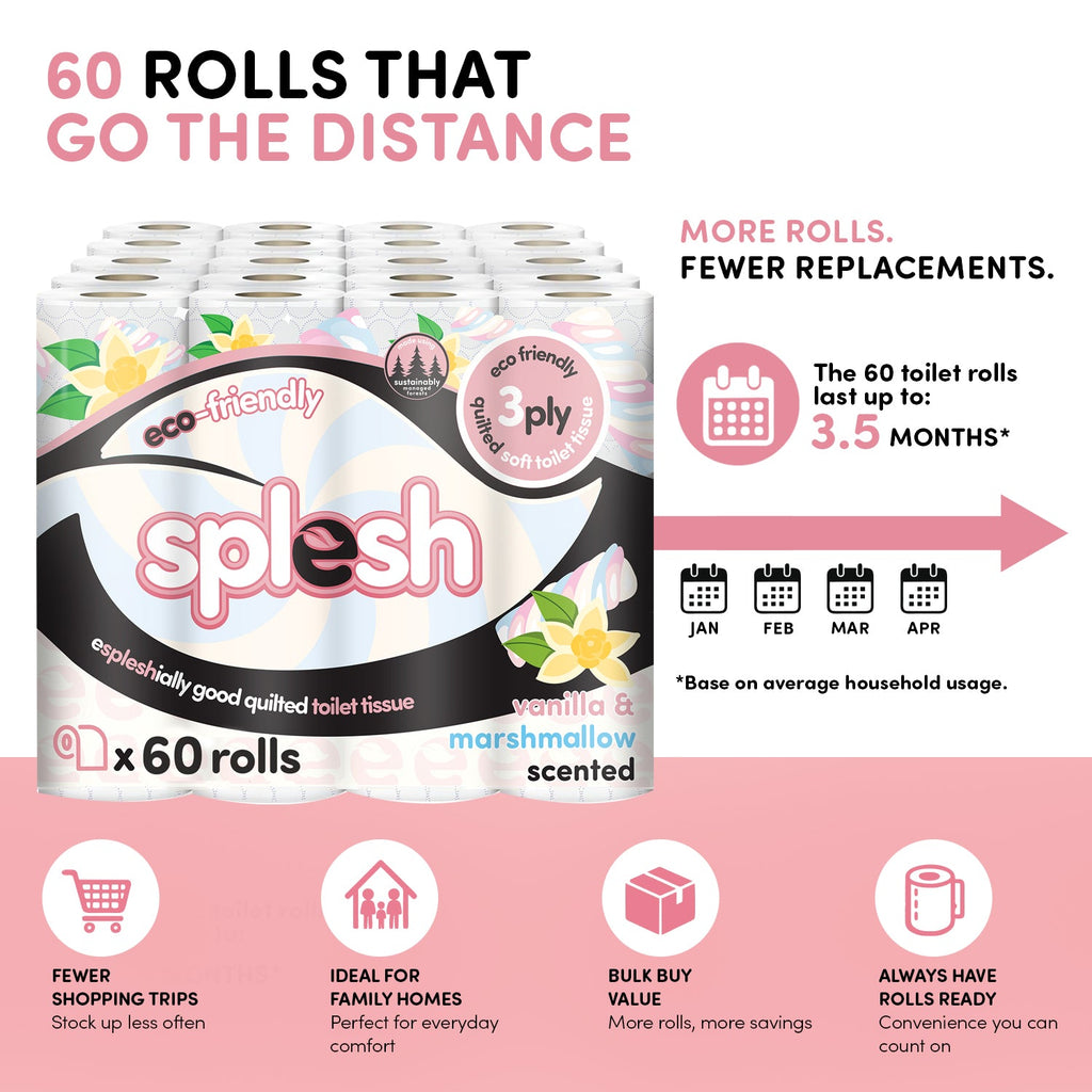 Splesh Quilted Toilet Roll Luxury Vanilla & Marshmallow 3-Ply Soft Toilet Paper, 60 Rolls