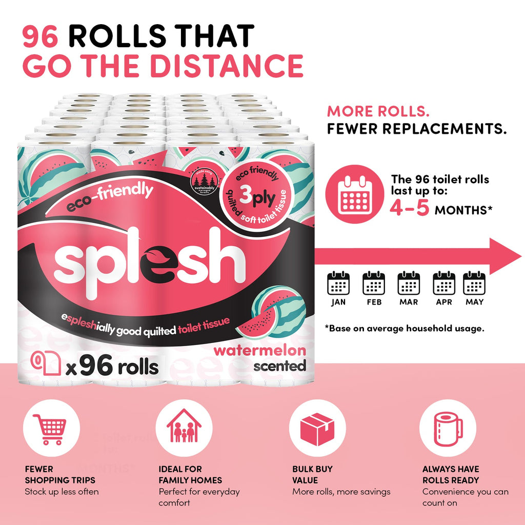 Splesh Quilted Toilet Roll Luxury Watermelon 3-Ply Soft Toilet Paper, 96 Rolls