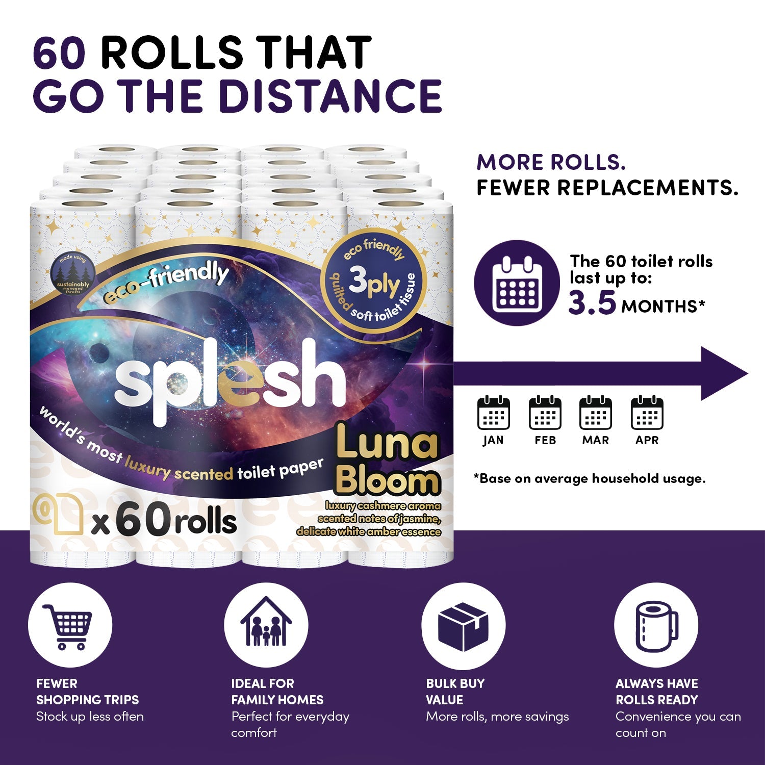 Splesh Quilted Luna Bloom 3-Ply Luxury Scented Toilet Tissue Paper, 60 Rolls