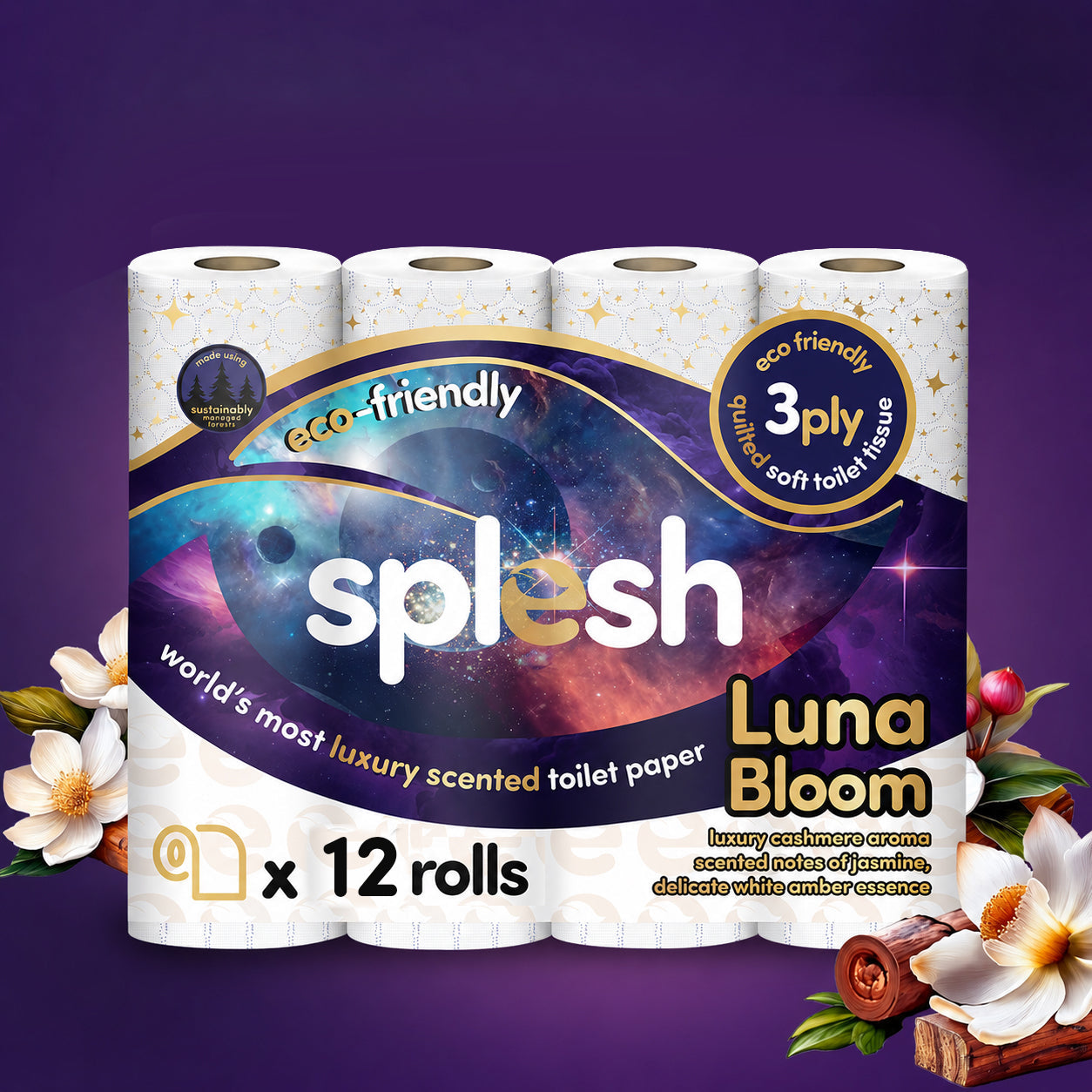 Splesh Quilted Luna Bloom 3-Ply Luxury Scented Toilet Tissue Paper, 12 Rolls