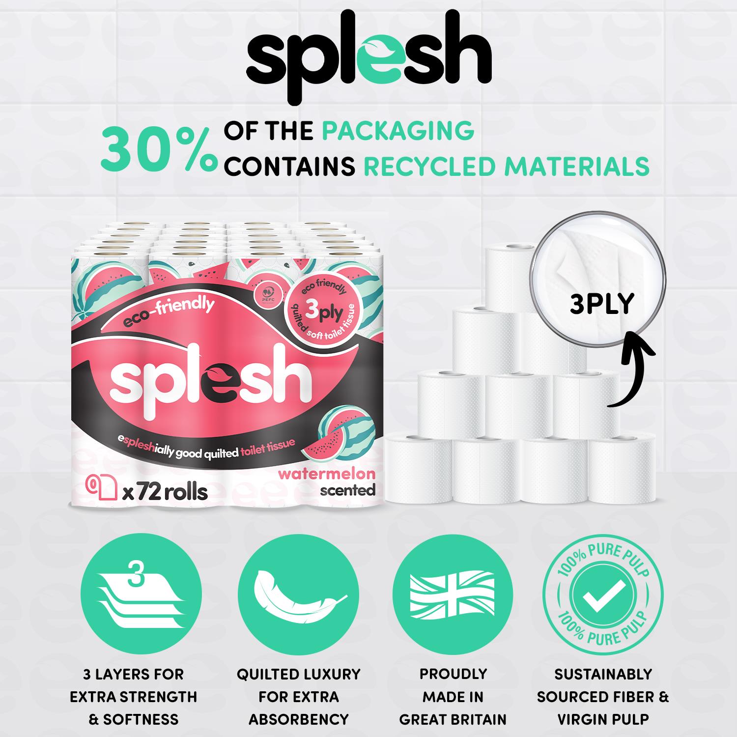 Splesh Quilted Toilet Roll Luxury Watermelon 3-Ply Soft Toilet Paper, 24 Rolls