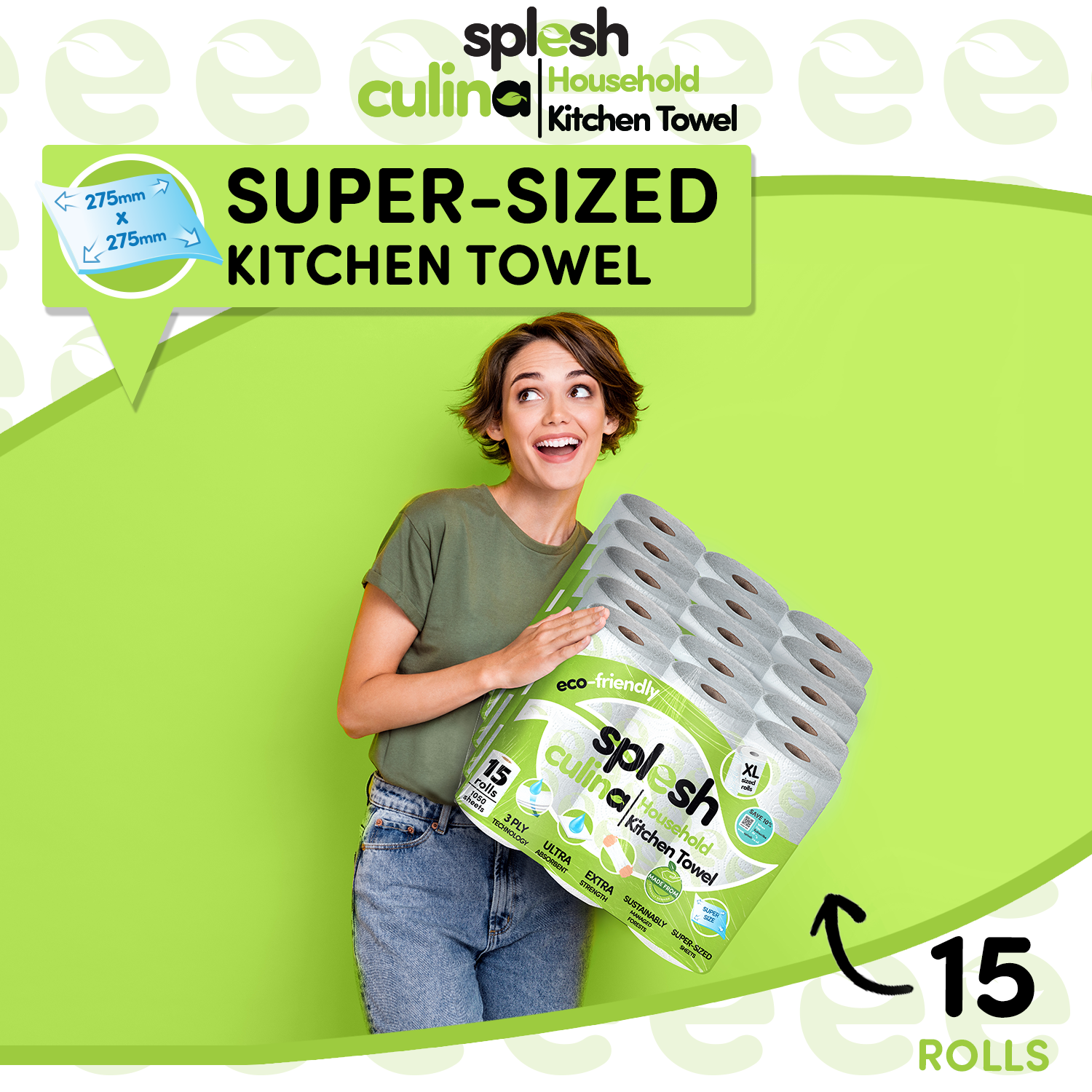 Splesh Culina Kitchen Towel 3 Ply Ultra Absorbent Household XL Roll, 15 Rolls