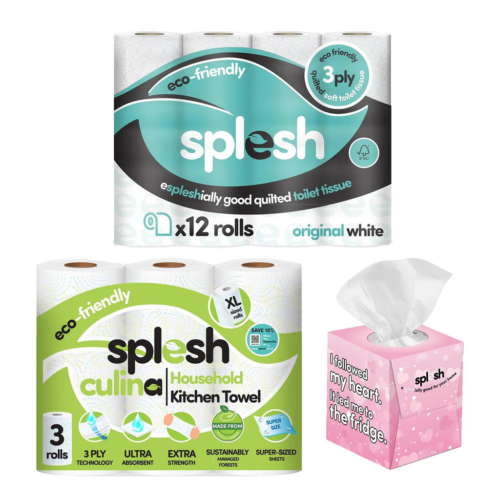 Splesh Toilet Roll Quilted White 12 Rolls, Culina Kitchen Towel 3 Rolls with Ultra Soft Tissues 1 Cube