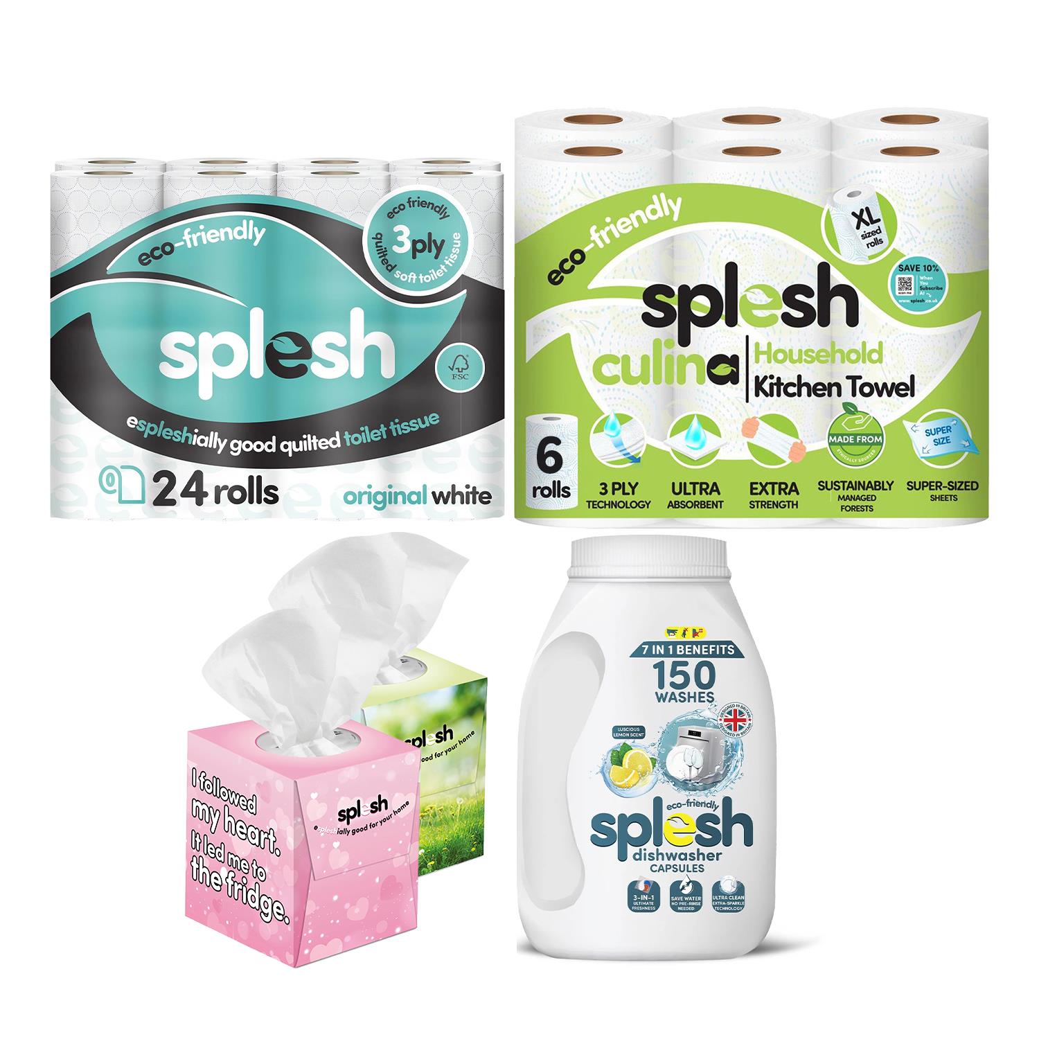 Splesh Toilet Roll Quilted White 24 Rolls, Culina Kitchen Towel 6 Rolls, Ultra Soft Tissues 2 Boxes with 3in1 Dishwasher Tablets,150W