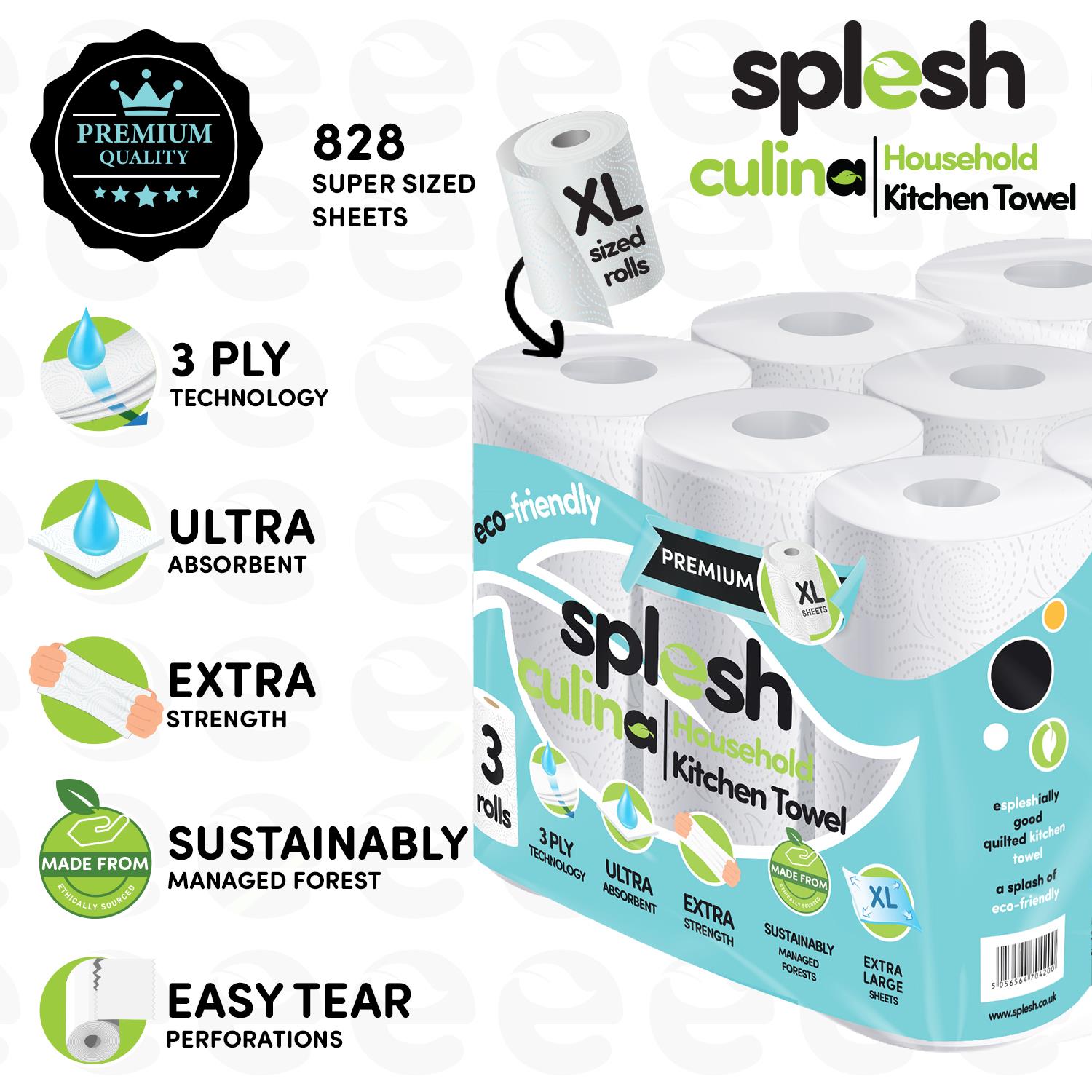 Splesh Toilet Roll Quilted White 48 Rolls with Culina Kitchen Towel 12 Rolls