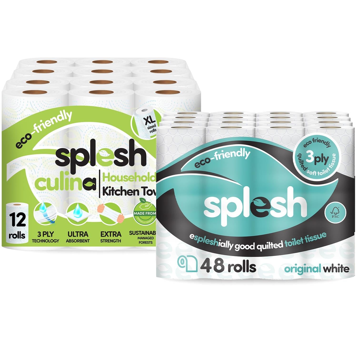 Splesh Toilet Roll Quilted White 48 Rolls with Culina Kitchen Towel 12 Rolls
