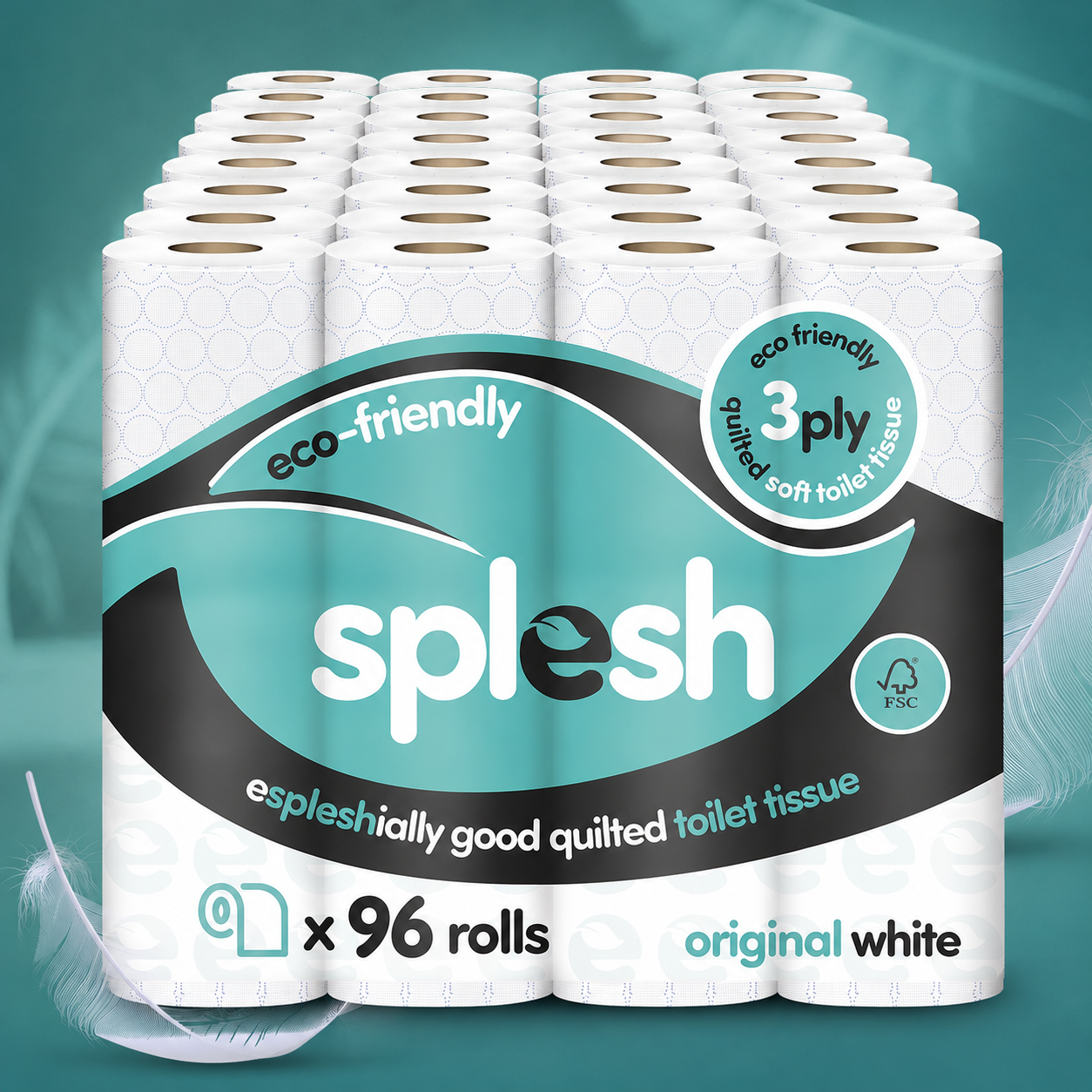 Splesh Toilet Roll, Soft & Quilted Eco-Friendly, White, 96 Rolls