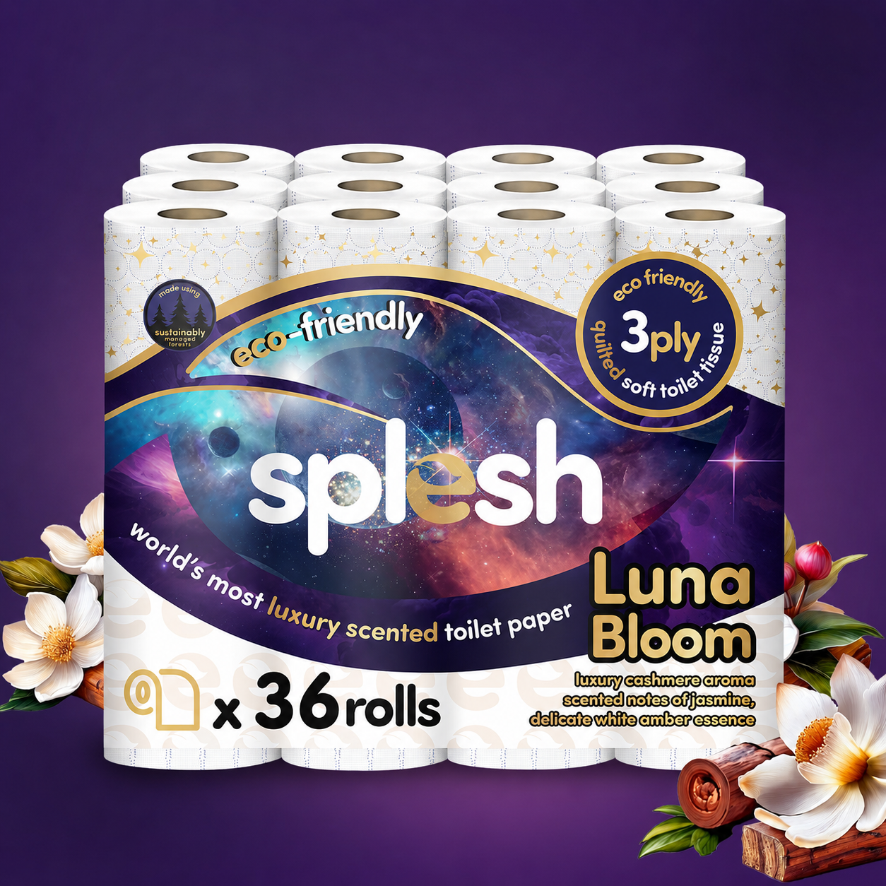 Splesh Quilted Luna Bloom 3-Ply Luxury Scented Toilet Tissue Paper, 36 Rolls