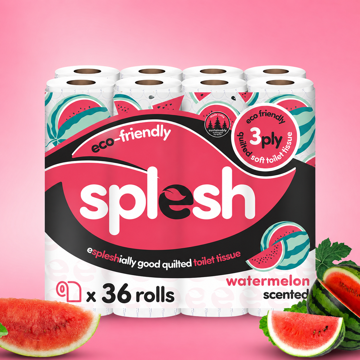 Splesh Quilted Toilet Roll Luxury Watermelon 3-Ply Soft Toilet Paper, 36 Rolls