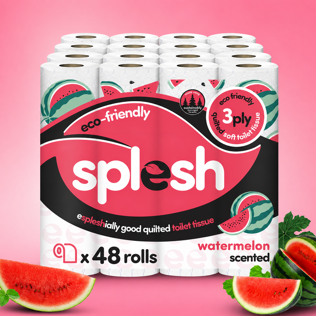 Splesh Quilted Toilet Roll Luxury Watermelon 3-Ply Soft Toilet Paper, 48 Rolls