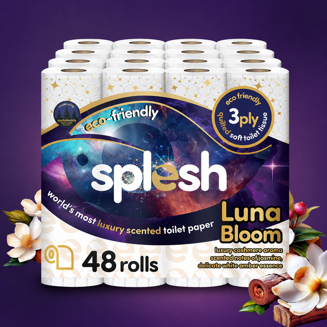 Splesh Quilted Luna Bloom 3-Ply Luxury Scented Toilet Tissue Paper, 48 Rolls