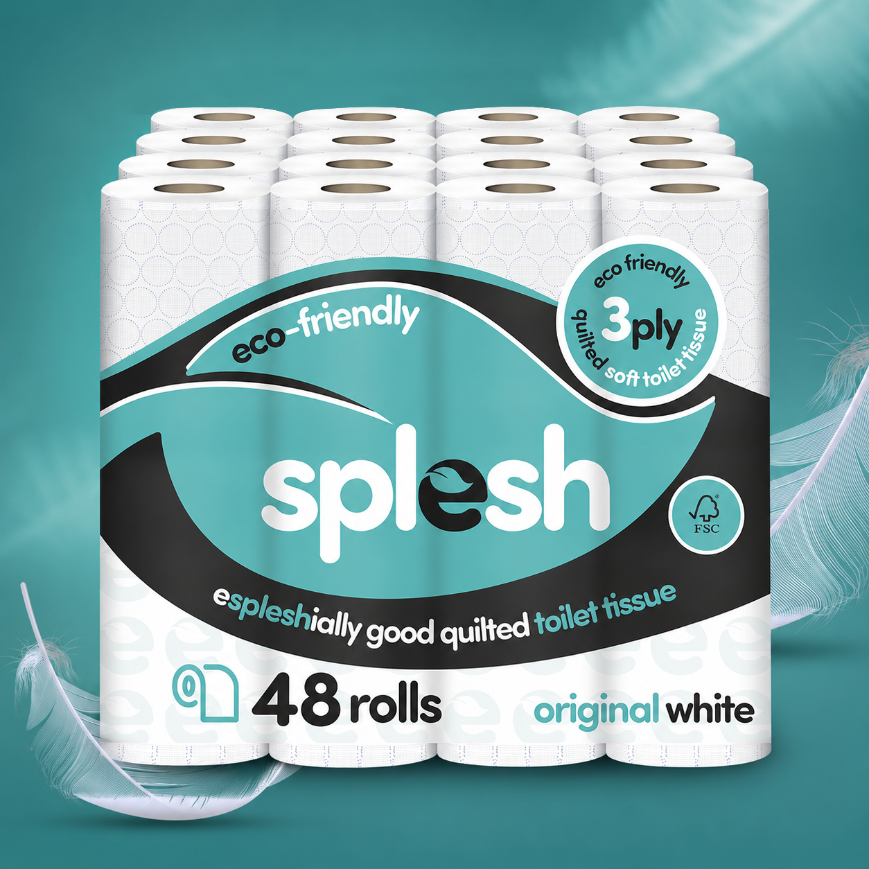 Splesh Toilet Roll Soft & Quilted 3-Ply Original White Toilet Tissue, 48 Rolls
