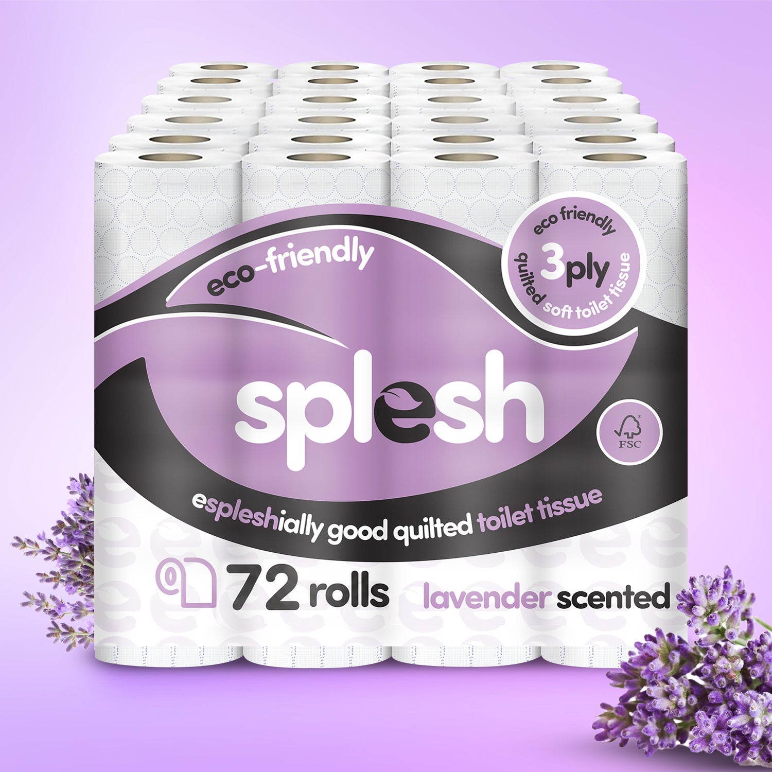 Splesh Toilet Roll, Soft & Quilted Eco-Friendly Lavender, 72 Rolls