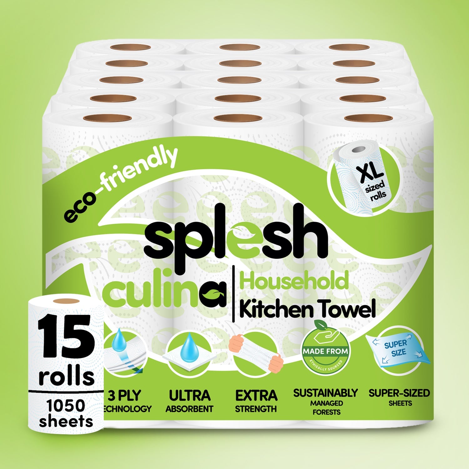Splesh Culina Kitchen Towel 3 Ply Ultra Absorbent Household XL Roll, 15 Rolls