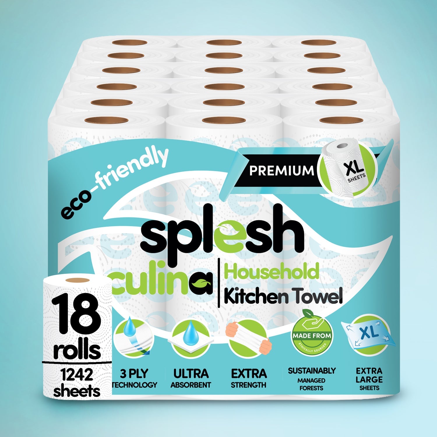 Splesh Culina Kitchen Towel 3 Ply Ultra Absorbent Household XL Roll, 18 Rolls