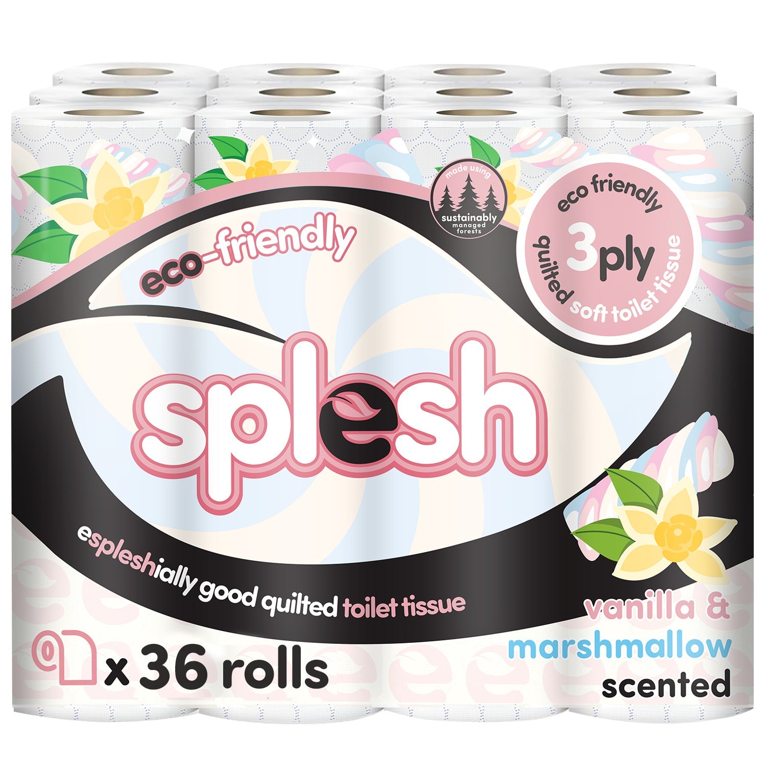 Splesh Quilted Toilet Roll Luxury Vanilla & Marshmallow 3-Ply Soft Toilet Paper, 36 Rolls