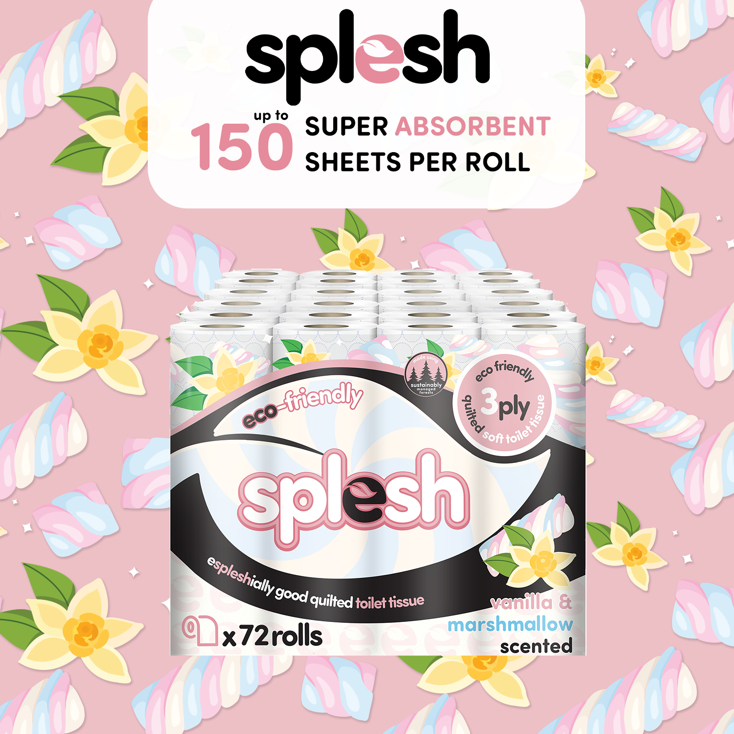 Splesh Quilted Toilet Roll Luxury Vanilla & Marshmallow 3-Ply Soft Toilet Paper, 24 Rolls