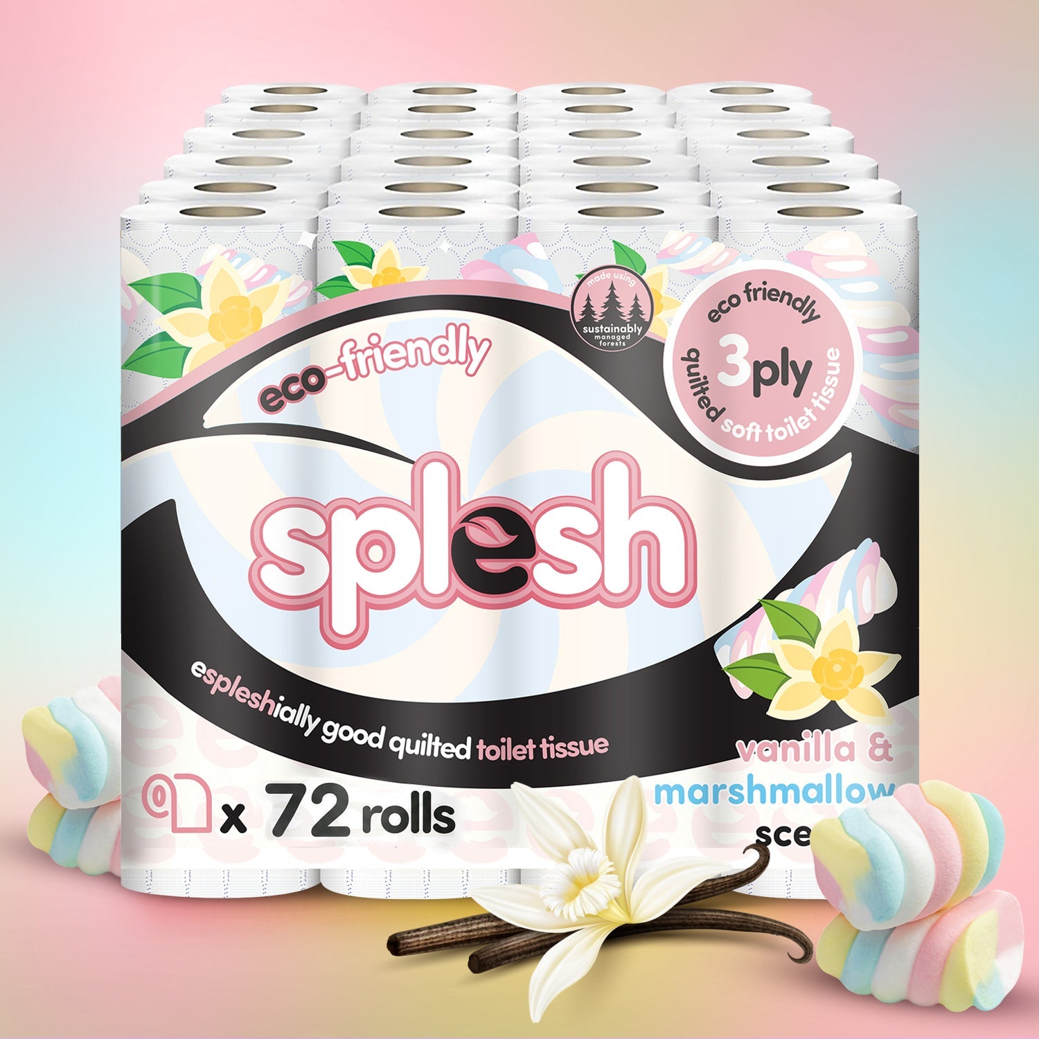 Splesh Quilted Toilet Roll Luxury Vanilla & Marshmallow 3-Ply Soft Toilet Paper, 72 Rolls