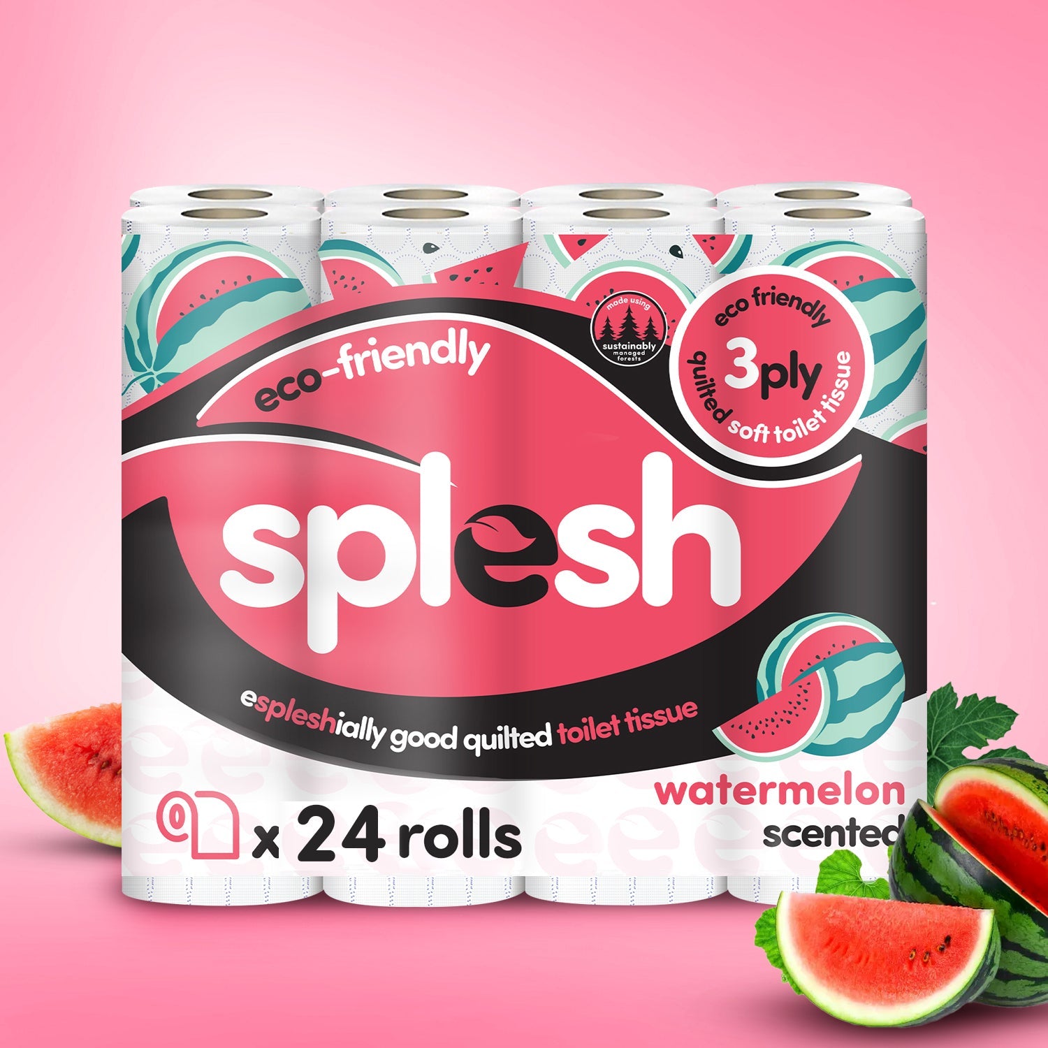 Splesh Quilted Toilet Roll Luxury Watermelon 3-Ply Soft Toilet Paper, 24 Rolls