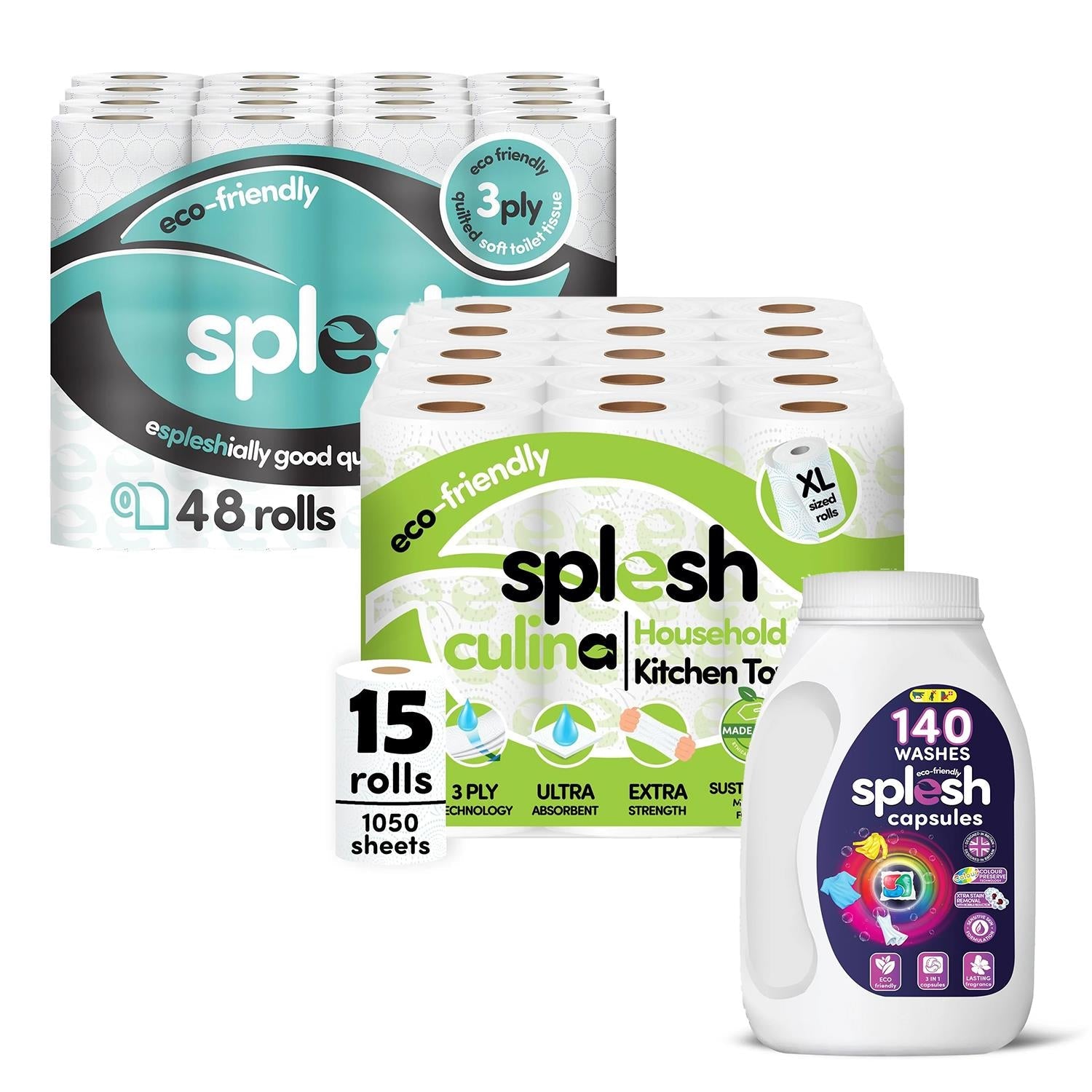 Splesh Toilet Roll Quilted White 48 Rolls, Culina Kitchen Towel 15 Rolls with Splesh 3in1 Laundry Capsules 140W