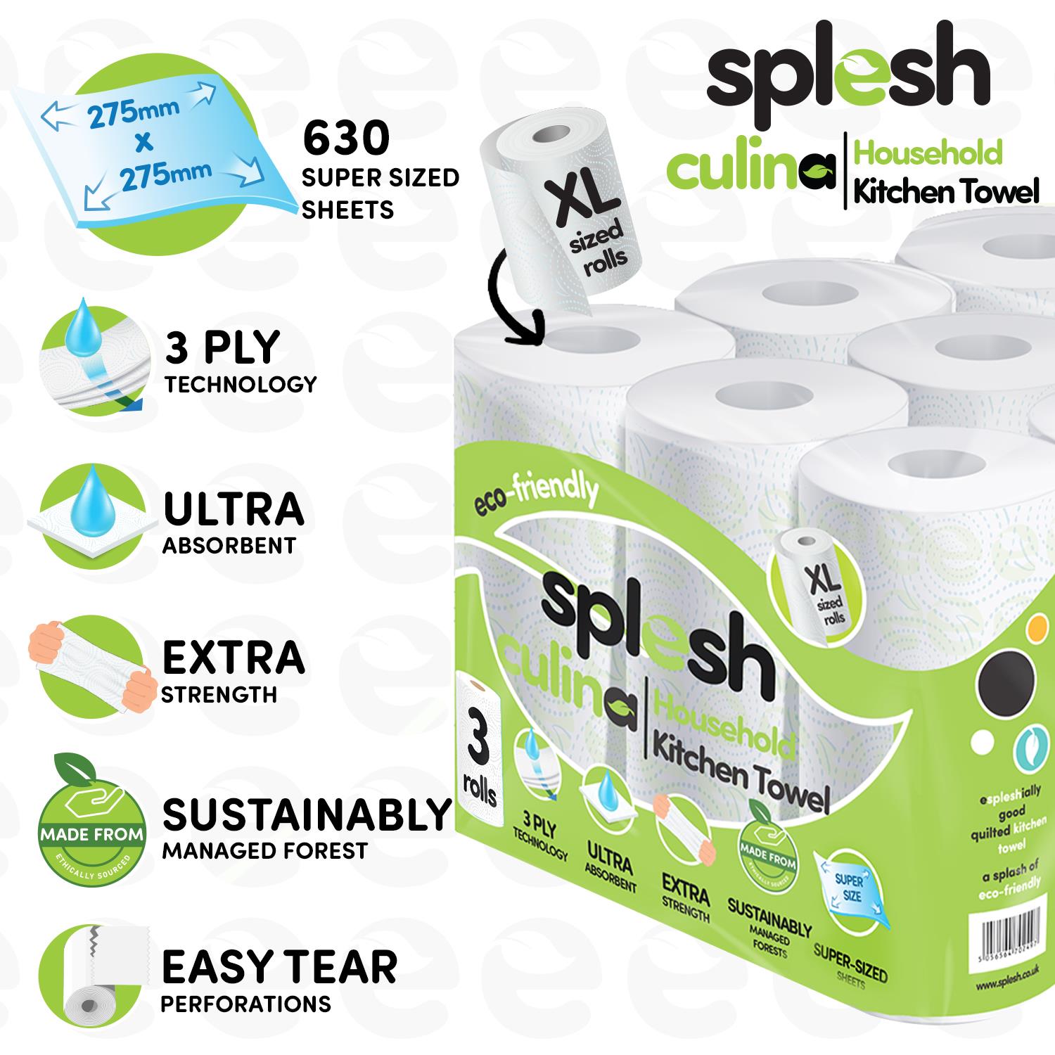 Splesh Toilet Roll Quilted White 24 Rolls with Culina Kitchen Towel 9 Rolls