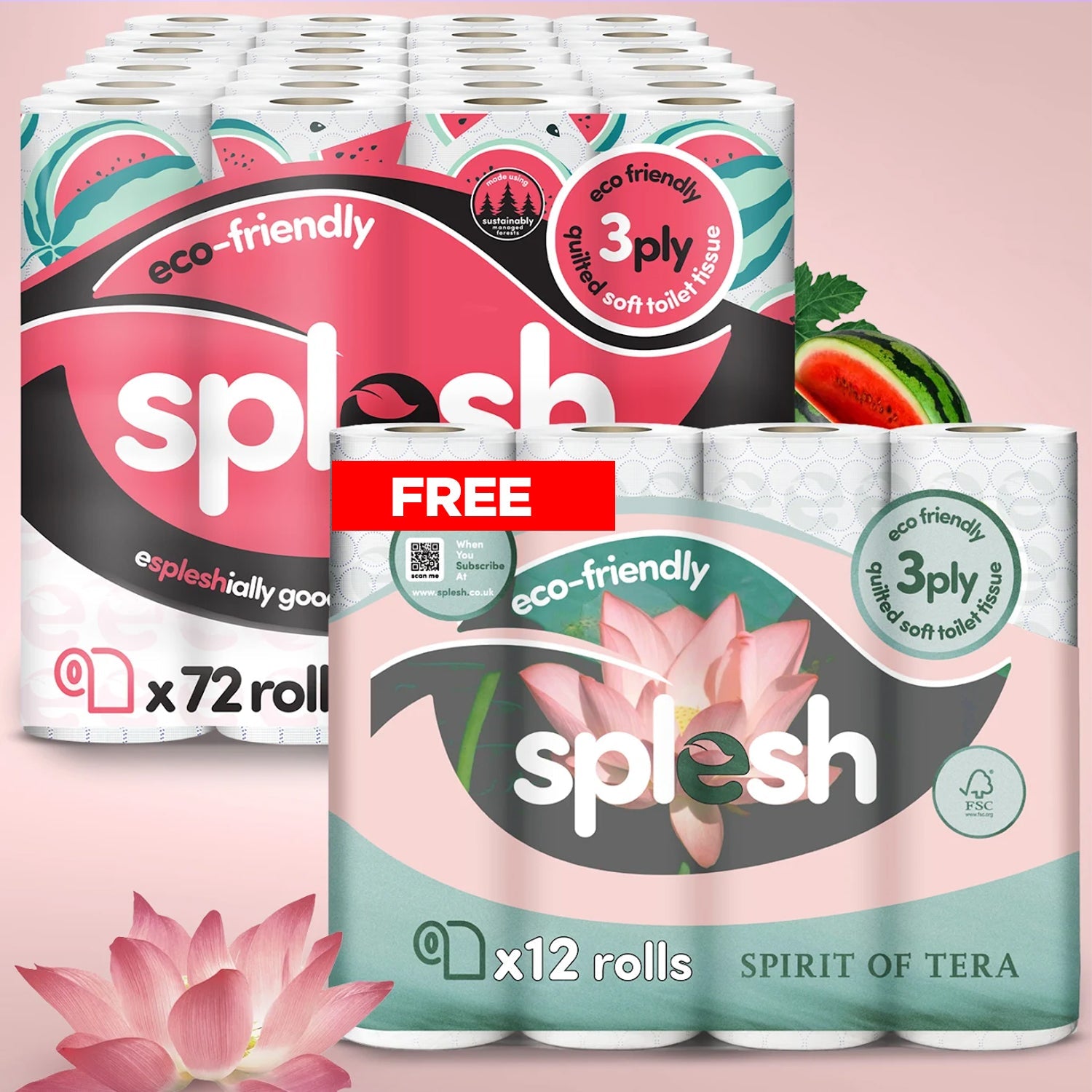 Splesh Watermelon Scented Toilet Roll 72 Pack + FREE Spirits of Tera 12 Pack